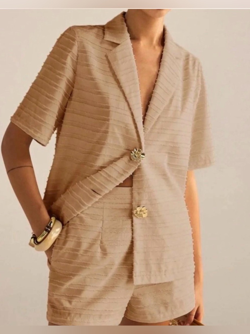 Commense Tan Textured Short Sleeve Blazer &Short Set